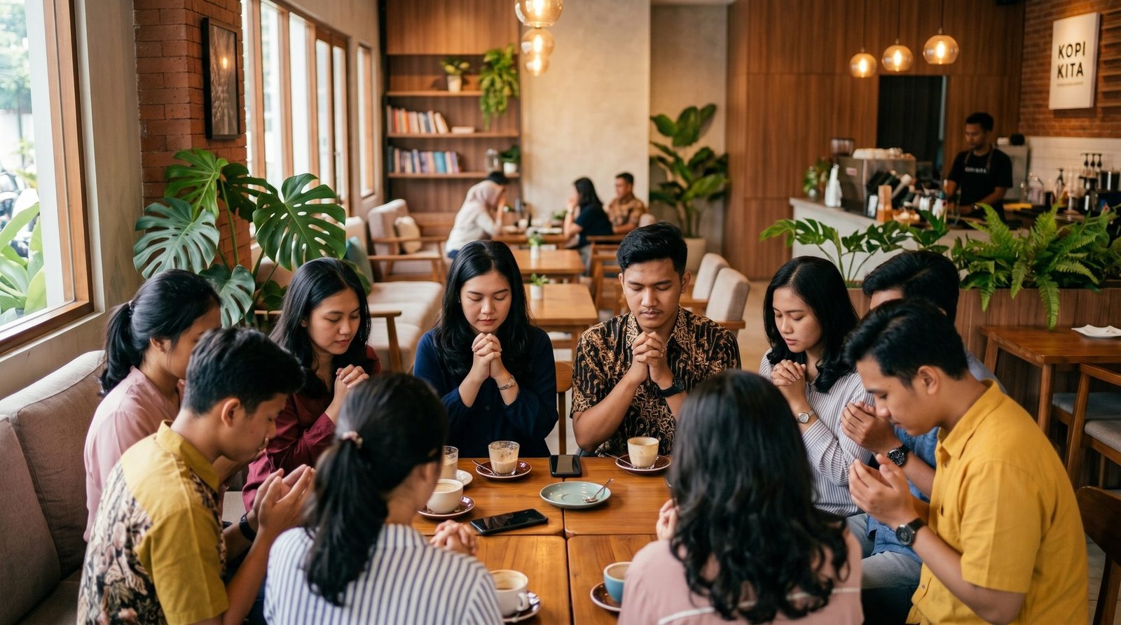 Sekelompok anak muda berdoa bersama mengelilingi meja di sebuah kafe